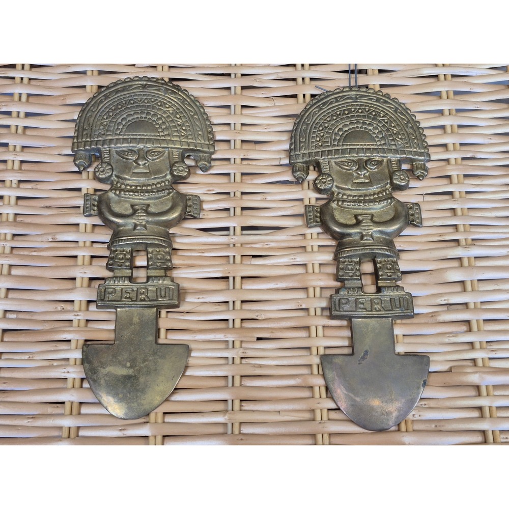 Vintage Pair Brass Tumi Peru Ceremonial Knife Wall Decor Inca Folk Art Cast Gift